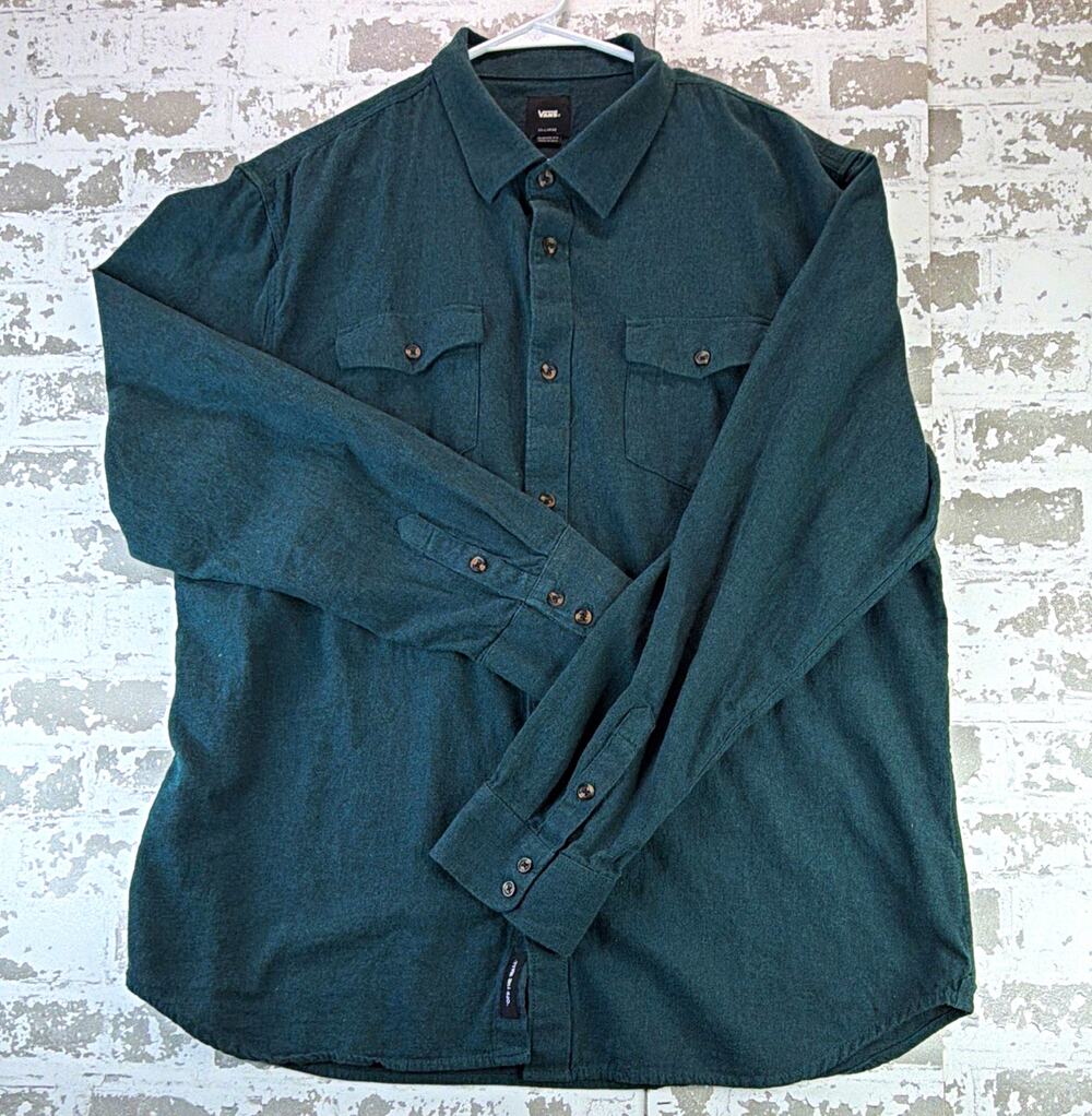 VANS Men's 2XL Green Cotton Flannel L/S Point Collar Button-Up Shirt Pockets